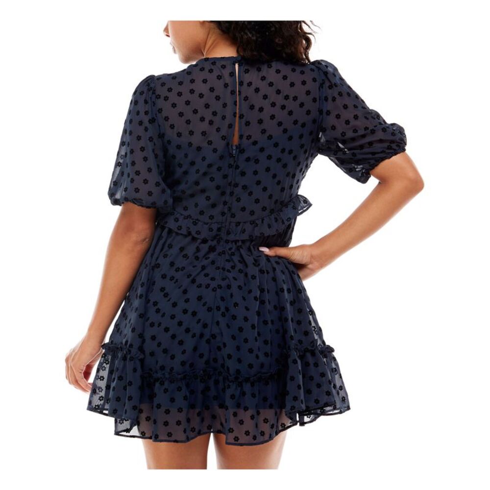 B DARLIN Womens Zippered Lined Pouf Sleeve V Neck Mini Party Baby Doll Dress - Picture 2 of 2